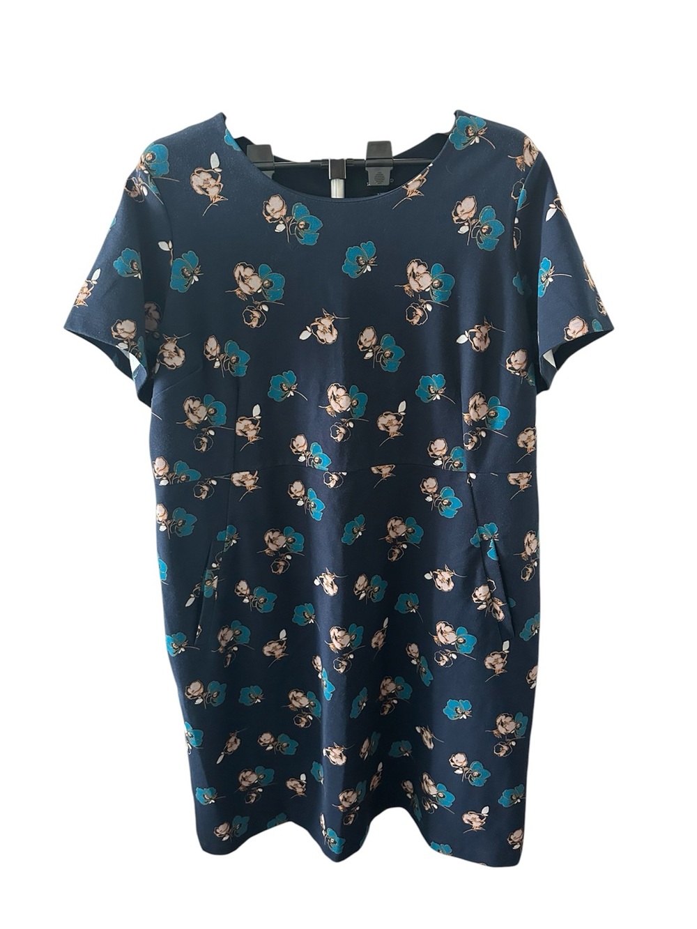 Lands End Navy Floral Midi Dress SZ 22W Pockets Relaxed Fit Casual Everyday